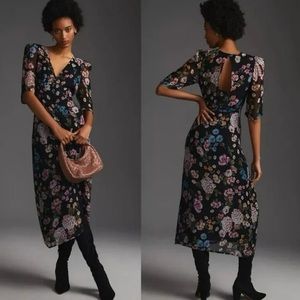 Maeve Anthropologie Black Floral Midi Dress Size 6 Sleeves Button Up Cocktail